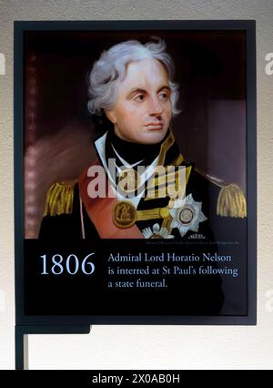 Admiral Lord Nelson Porträt auf Zeitachse Illustration in St Paul's Cathedral, London, England, Großbritannien Stockfoto