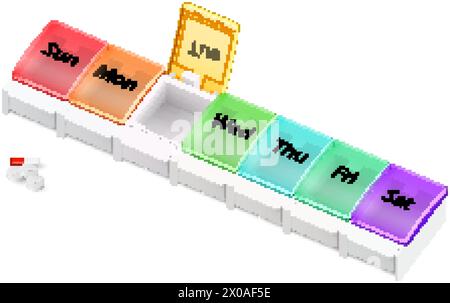 Illustration von Plastikapotheke Organisator für Pillen für jeden Tag der Woche auf weißem Hintergrund. Ein wöchentlicher Medikamentenspender wurde am Dienstag eröffnet Stock Vektor