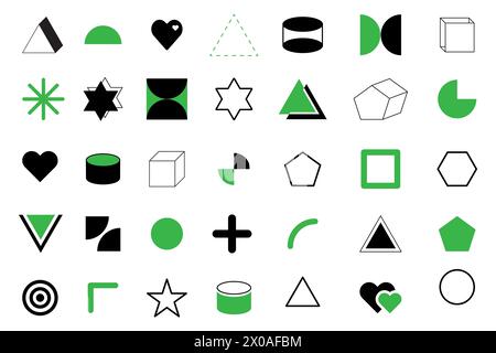 Monochrome und grüne geometrische Symbole. Set „Einfache Formen“. Schwarz-weiß-Design. Vektorabbildung. Stock Vektor