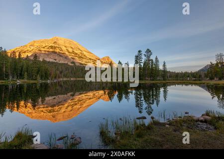 Sonnenaufgang auf dem bald Mountain spiegelt sich in Mirror Lake, Wasatch-Cache National Forest, Uinta Mountains, Utah Stockfoto