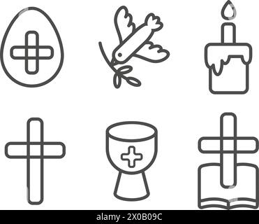 Oster-Vektor-Symbole. Christliche religiöse Umrisssymbole der Kreuzbibel Tortenvogel und Tasse isoliert auf weißem Hintergrund. Piktogramme für stechpalme Spring Stock Vektor