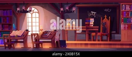 Zauberschule Innenraum für Zauberer- und Hexenstudium. Comic Vektor mittelalterliche Klassenzimmer mit Möbeln und Ausrüstung - Schreibtisch und Stuhl, Tafel und Bücher, Tinte mit Feder, schwarze Katze Lehrer. Stock Vektor