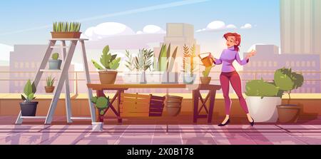 Frau, die Pflanzen im Dachgarten bewässert. Vektor-Karikaturillustration des weiblichen Charakters, der sich um Blumen kümmert, Terrasse auf dem modernen Wolkenkratzer, sonniger Stadtlandschafthintergrund, Gartenarbeit Hobby Stock Vektor