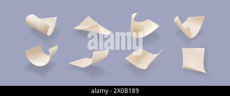 Fliegendes gewelltes Papierblatt mit Schatten. Realistischer 3D-Vektor-Illustrationssatz von Windstoß, der nach unten beige Kurvenseiten fällt. Leeres a4-Letter oder Notizmodell, das in der Luft schwebt. Dynamisches verstreutes Dokument. Stock Vektor