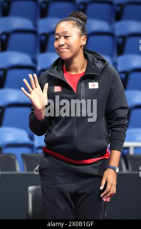 Tokio, Japan. April 2024. Der japanische Profi-Tennisspieler Naomi Osaka nimmt am Donnerstag, den 11. April 2024, am Billie Jean King Cup-Qualifikationsrennen im Ariake Kolosseum in Tokio Teil. Japan trifft am 12. Und 13. In Tokio auf Kasachstan. (Foto: Yoshio Tsunoda/AFLO) Stockfoto