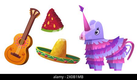 Mexikanisches Festival oder Feiertag traditionelle Elemente - Papieresel und Wassermelone Pinata, Sombrero Hut und Gitarre. Cartoon Vektor Illustration Set von fiesta, Geburtstagsparty und Cinco de Mayo Zubehör. Stock Vektor