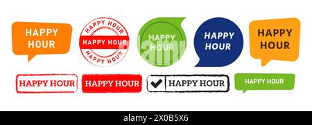 Happy Hour rechteckiger Kreisstempel und Aufkleberschild mit Sprechblase für noch heute Spaß Stock Vektor