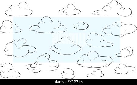Gruppe von Wolken. Malbuch. Vektorillustration einer Wolkenlinie am Himmel. Doodle-Illustration der Linienart Stock Vektor