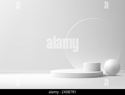 Eine minimalistische Szene mit weißem 3D-Podium, Kugel und kreisförmigem Glas vor weißem Hintergrund, Produktmockup-Display. Vektorabbildung Stock Vektor