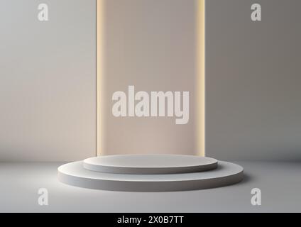 Weißes 3D-Podium mit einem Spotlight dahinter auf grauem Hintergrund, Produktmockup-Display. Vektorabbildung Stock Vektor