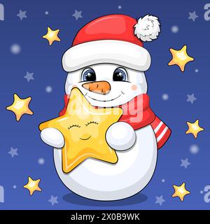 Der süße Cartoon-Schneemann hält einen gelben Stern. Nachtvektor-Illustration auf einem dunkelblauen Hintergrund mit Sternen. Stock Vektor