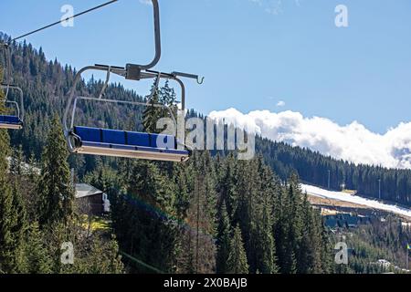 Leerer Skilift über alten Fichtenbäumen. Aktive Erholung Stockfoto