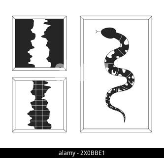 Dekorative Gemälde in Rahmen schwarz-weiße 2D-Linien-Zeichentrickobjekte Set Stock Vektor