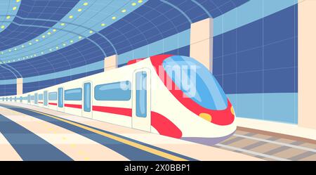 Eisenbahn. U-Bahn-Station. Nachtzug. Personenwagen auf einem leeren Bahnsteig. Transport für Reisen. Abfahrt des Zuges vom Bahnsteig. Vektorabbildung Stock Vektor