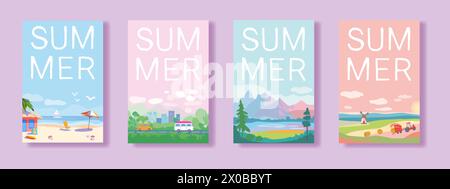 Set mit Poster für Sommerreisen und Urlaub. Landschaften von Seebädern, Bergen und Feldern. Straße mit Bäumen und Transport in der Nähe der Stadt. Vorlage für Poster, Webseite oder Banner. Illustration des flachen Vektors Stock Vektor