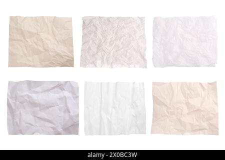 Set mit Blättern zerknittertem Pergamentpapier, isoliert auf weiß, Draufsicht Stockfoto