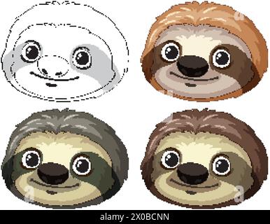 Vier stilisierte Faultiere mit unterschiedlichen Ausdrücken. Stock Vektor