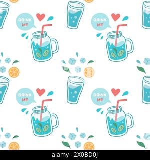 Nahtloses Muster für den World Water Day. Trinken Sie mehr Wasser Konzept Muster. Trinkwasser im Glas, Kanne. Null-Abfall-Konzept. Vektorabbildung. Stock Vektor