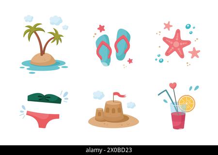 Sommer-Set. Niedliche Sommer-Ikonen-Kollektion. Sommerzeitelemente. Strandurlaube Elemente. Illustration des Zeichentrickvektors. Flaches Design. Stock Vektor
