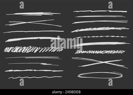 Durchgestrichene Unterstriche, Kreidekontur festlegen, Markierungslinien Grunge-Kurve, wvy Free Handmarkierungen strukturierte einfache Ränder isoliert auf dunklem Hintergrund. Creative Collection mit Kritzelpinsel- oder Buntstift-Karos. Vektorabbildung Stock Vektor