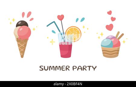 Im Sommer beliebte Speisen - Eis, Cocktail. Niedliche Sommer-Ikonen-Kollektion. Sommerzeitelemente. Illustration des Zeichentrickvektors. Flaches Design. Stock Vektor