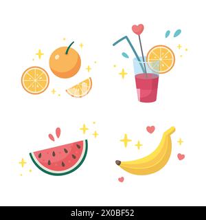 Im Sommer beliebte Früchte für Cocktails. Niedliche Sommerfrüchte und Cocktailsymbole. Sommerfrüchte. Illustration der Strandparty. Illustration des Zeichentrickvektors. Flaches Design. Stock Vektor