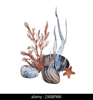 Zusammensetzung mit Algenkieseln und Seesternen. Aquarellillustration, handgezeichnet, isoliert auf weißem Hintergrund Stockfoto