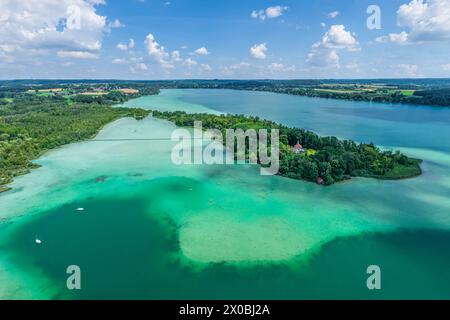 Der Wörter See bei Bachern im oberbayerischen Fünfseenland von oben Stockfoto