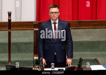 Warschau, Polen. April 2024. Szymon Holownia, Sprecher des Sejm, beginnt die 9. Sitzung des polnischen Parlaments. Während dieser parlamentssitzung diskutierte das parlament über das Recht, Abtreibungen zu legalisieren. Quelle: SOPA Images Limited/Alamy Live News Stockfoto