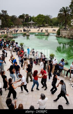 SALSA, STADTPARK, BARCELONA: Ein Meer von Tänzern verliert sich in der Musik. Paare tanzen auf den Terrassen des monumentalen Springbrunnens von Cascada. Eine schöne katalonische Wochentradition ist die kostenlose Sonntagssalsa-Tanzparty im Parc de Ciutadella, Barcelona, Spanien. Die Leute tauchen auf und tanzen abwechselnd mit einer Reihe williger Tanzpartner. Foto: Rob Watkins Stockfoto