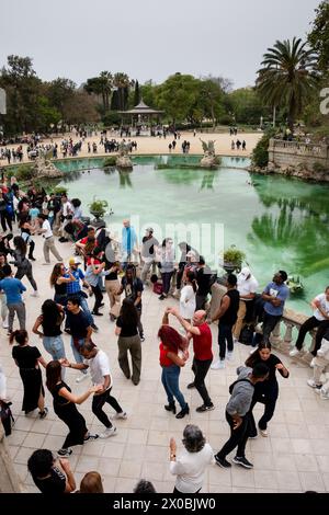 SALSA, STADTPARK, BARCELONA: Ein Meer von Tänzern verliert sich in der Musik. Paare tanzen auf den Terrassen des monumentalen Springbrunnens von Cascada. Eine schöne katalonische Wochentradition ist die kostenlose Sonntagssalsa-Tanzparty im Parc de Ciutadella, Barcelona, Spanien. Die Leute tauchen auf und tanzen abwechselnd mit einer Reihe williger Tanzpartner. Foto: Rob Watkins Stockfoto