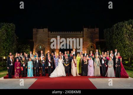 Amman, Jordanien. April 2024. Kronprinz Hussein und Prinzessin Rajwa von Jordanien werden Eltern sein! Der Königliche Haschemitische Hof gab am 10. April bekannt, dass die Erstgeborenen von Königin Rania und König Abdullah II. Und seine Frau ihr erstes Kind in diesem Sommer erwarten die Hochzeit von bin Abdullah II. und seiner Braut Rajwa Al Hussein im Al Husseiniya Palace in Amman, Jordanien, am 1. Juni 2023. Foto: Balkis Press/ABACAPRESS.COM Credit: Abaca Press/Alamy Live News Stockfoto