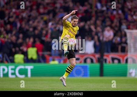 Madrid, Spanien. April 2024. Marcel Sabitzer von Borussia Dortmund im Viertelfinale der UEFA Champions League 2023/24 zwischen Atletico de Madrid und Borussia Dortmund im Civitas Metropolitano Stadium. Endergebnis: Atletico de Madrid 2:1 Dortmund. Quelle: SOPA Images Limited/Alamy Live News Stockfoto