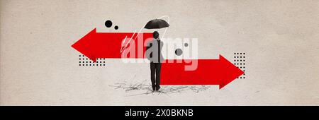 Banner. Zeitgenössische Kunstcollage. Junger Mann, der einen Schirm hält und den Weg wählt, um vor hellem Hintergrund mit abstraktem Objekt zu brachen Stockfoto