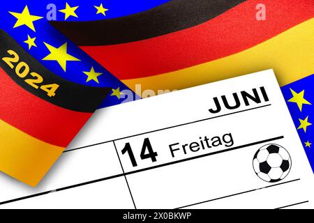 Kalender und Fußball Freitag 14. Juni 2024 Deutsche Flagge Stockfoto