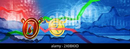 Die Ölpreise sinken im inr. Energiestabilität in indien. Bärisches Rohstoffmarktkonzept. 3D-Darstellung billiger fossiler Brennstoffe Stockfoto