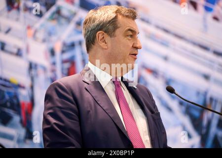 Garching, Bayern, Deutschland - 11. April 2024: Premierminister Dr. Markus Söder Portrait bei der Pressekonferenz am Max-Planck-Institut für Plasmaphysik IPP in Garching *** Ministerpräsident Dr. Markus Söder Portrait bei der Pressekonferenz im Max-Planck-Institut für Plasmaphysik IPP in Garching Stockfoto