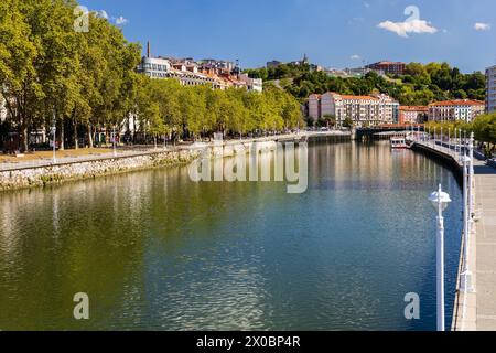 Die Uferpromenade im historischen Zentrum von Bilbao mit grünen Bäumen und dem Fluss Nervión, sonniger Tag. Bilbao, Baskenland, Spanien. Stockfoto