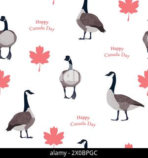 Rote Ahornblätter und kanadische Gänse auf weißem Hintergrund. Nahtloses Muster des Canada Day, Vektorillustration Stock Vektor