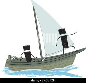 Zwei Stabfiguren segeln auf einem Segelboot. Der eine übernimmt das Ruder, der andere zeigt den Weg nach vorne. Stock Vektor