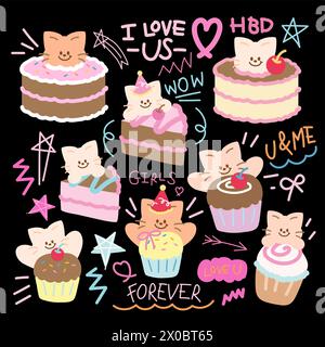 Kuchen, Cupcakes und Katzenillustration für Geburtstagssymbole, Zeichentrick, Charakter, Plüschtier, Puppe, Süßes Dessert, Café, Karte, Druck, Patches, Aufkleber, Haustier Stock Vektor