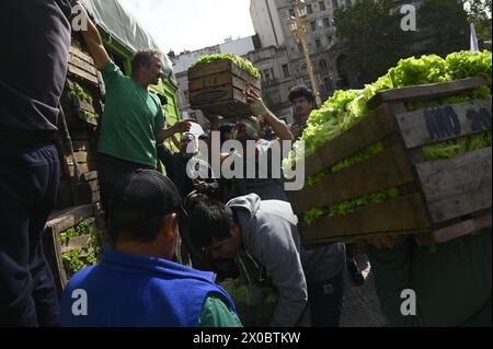 Buenos Aires, Argentinien. April 2024. Eine Gruppe von Menschen händigt Holzkisten mit Obst und Gemüse vor dem argentinischen Kongress in Buenos Aires. Hunderte von Menschen versammeln sich vor dem argentinischen Nationalkongress, um kostenlos verschiedene Früchte, Gemüse und Pflanzen direkt von den landwirtschaftlichen Erzeugern der UTT (Land Workers Union) zu erhalten, die sich aufgrund der Wirtschaftskrise im April in diesem Land befinden. Quelle: SOPA Images Limited/Alamy Live News Stockfoto