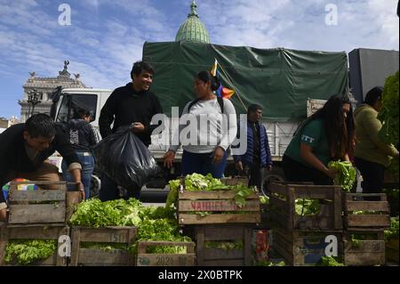 Buenos Aires, Argentinien. April 2024. Eine Gruppe von Menschen wirft Holzkisten mit Obst und Gemüse auf den Boden vor dem argentinischen Kongress in Buenos Aires. Hunderte von Menschen versammeln sich vor dem argentinischen Nationalkongress, um kostenlos verschiedene Früchte, Gemüse und Pflanzen direkt von den landwirtschaftlichen Erzeugern der UTT (Land Workers Union) zu erhalten, die sich aufgrund der Wirtschaftskrise im April in diesem Land befinden. Quelle: SOPA Images Limited/Alamy Live News Stockfoto