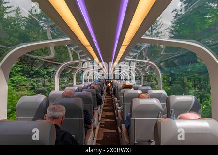 Das Innere des Blattgoldblatts des Rocky Mountaineer Zugwagens mit Touristen zwischen Vancouver und Jasper, British Columbia, Kanada. Stockfoto