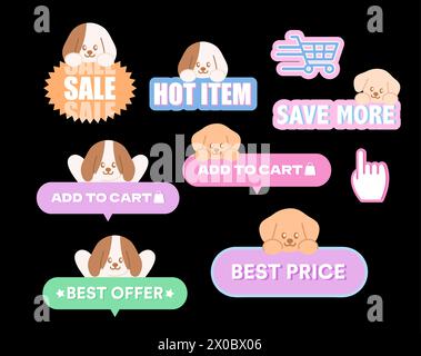 Verkaufssymbole für Hündchen wie heiße Artikel, mehr sparen, in den Warenkorb legen, bester Preis für Online-Shopping, Werbeaktion, Karte, Druck, Rabattabzeichen, Marketing, Tierarzneimittel Stock Vektor