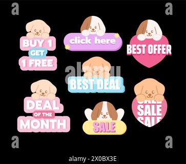 Symbole zum Verkauf von Welpen wie 1 gratis kaufen, hier klicken, Bestes Angebot, Bestes Angebot, Bestes Angebot, Angebot des Monats für Online-Shopping, Werbeaktion, Druck, Rabatt, Anzeigen, Haustier Stock Vektor
