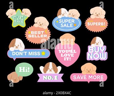 Hündchen-Verkaufs-Symbole wie Must Have, Bestseller, Superverkauf, hervorragend, verpassen Sie nicht, ich liebe es für Online-Shopping, Werbeaktionen, Print, Rabatt, Anzeigen, Tier Stock Vektor
