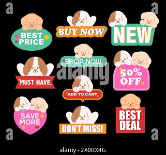 Verkaufs-Symbole für Hündchen wie bester Preis, jetzt kaufen, neu, muss haben, in den Warenkorb legen, 50 % Rabatt auf Online-Shopping, Werbeaktionen, Karten, Druck, Rabattabzeichen, Haustier Stock Vektor