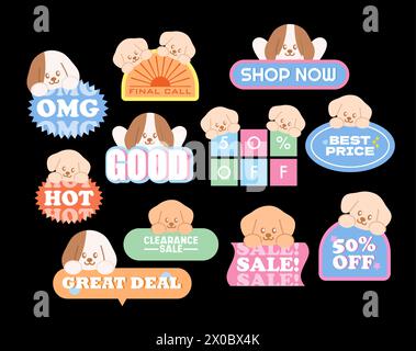 Hündchen-Verkaufs-Symbole wie 50 % Rabatt, jetzt einkaufen, bester Preis, heiß, tolles Angebot, letzter Aufruf für Online-Shopping, Werbeaktion, Karte, Druck, Rabattkarte, Haustier Stock Vektor