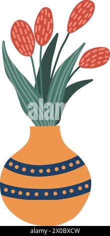 Farbenfrohe Frühlingsblumen in Vase. Handgezeichnete Tulpen in flacher Form. Blumenstrauß mit roten Tulpen. Isoliert auf weißem Hintergrund Stock Vektor